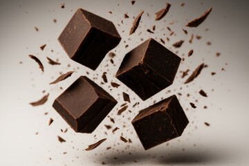 Falling dark chocolate chunks and curls captured mid air on clean white backdrop with realistic crumbs and subtle motion blur