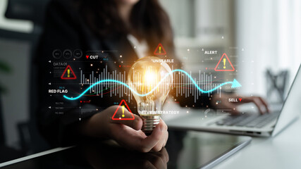 Economic caution visual showing risk alerts and financial volatility. Warning signs highlight economic downturn, market risk, finance crisis, and uncertainty in data-driven analysis. Spline