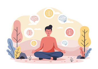 An illustration of a man meditating outdoors. He is seated in a cross-legged position with his eyes closed.