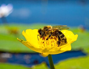 Honeybee on a bright yellow water lily