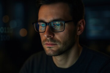 Obraz premium Night coder with neon code reflections in glasses focused on debugging secure app in a dark office cinematic closeup portrait with tech ambience