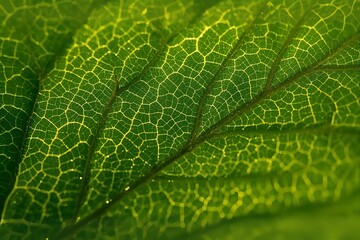 A macro closeup of a fresh green leaf reveals the intricate detail and organic texture of its vein structure and natural pattern