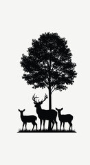 Silhouette of a stag and two does standing under a large tree with dense foliage in a monochrome scene