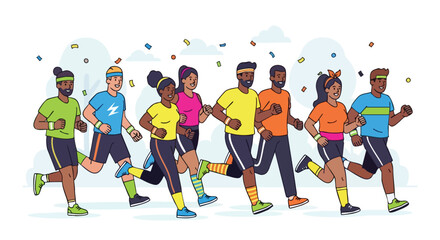 Diverse Group of People Running a Fun Race with Confetti