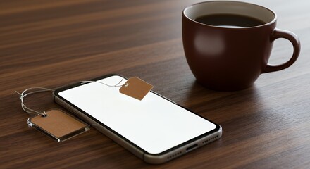 Flat lay mockup: Smartphone with blank screen and brown tea tags beside a coffee cup on a dark wood desk; conveying a calm and