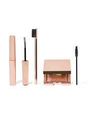 Rose gold eyebrow gel and eyebrow wax kit product packaging on white background
