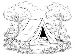 Camping in the park with a tent coloring page