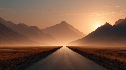 Obraz premium Long desert road with sandy mountain background concept. Serene mountain road at sunset with a beautiful horizon glow.