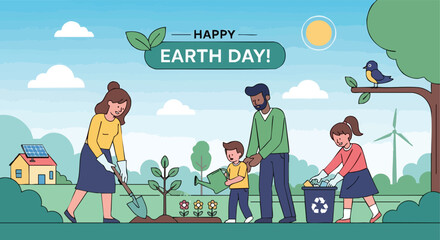 Family Planting a Tree and Recycling for Earth Day