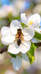 Honeybee on a white apple blossom