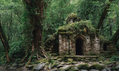 Ancient stone chapel nestled in a lush jungle