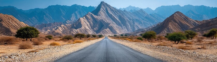Fototapeta premium Long desert road with sandy mountain background concept. Majestic mountain road leading through arid desert scenery.