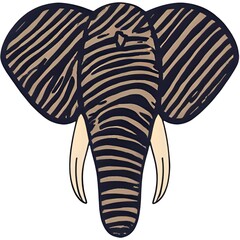 Stylized Elephant Head Illustration with Striped Texture and Tusks.