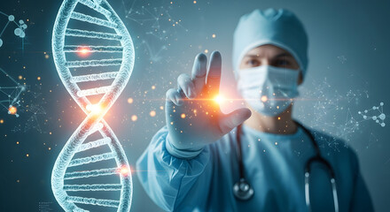 Medical professional in scrubs interacting with a glowing holographic DNA helix, symbolizing cutting-edge genetic research and the future of healthcare technology