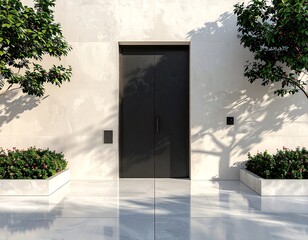 Modern entryway with black door