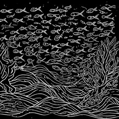 White Line Art School of Fish and Coral Reef Underwater
