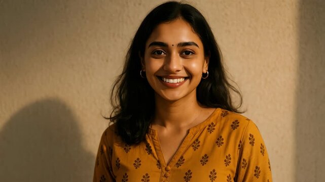 Warm-toned video still of a woman in a patterned top, captured at eye level. Soft lighting creates a serene and contemplative mood.