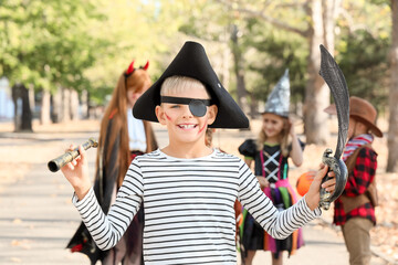 Little boy dressed as pirate for Halloween with his friends in park