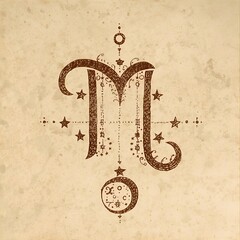 Ornate Letter M Scorpio Zodiac Symbol with Stars on Vintage Paper
