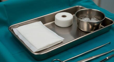 Flat lay mockup of sterile medical supplies on a stainless steel tray, including gauze, bandages, and surgical instruments,
