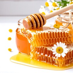 Honeycomb and honey with flowers