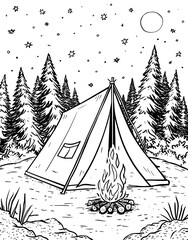 Camping under the stars at night coloring page