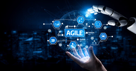 A sleek robotic hand interacts with digital elements representing agile project management, emphasizing technology role in modern business strategies and workflows. Tessel