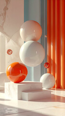 Abstract Orange and White Spheres on White Cubes.