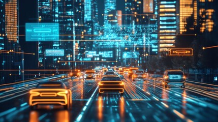 Futuristic Cityscape: Autonomous Vehicles Navigating Smart Roads at Night