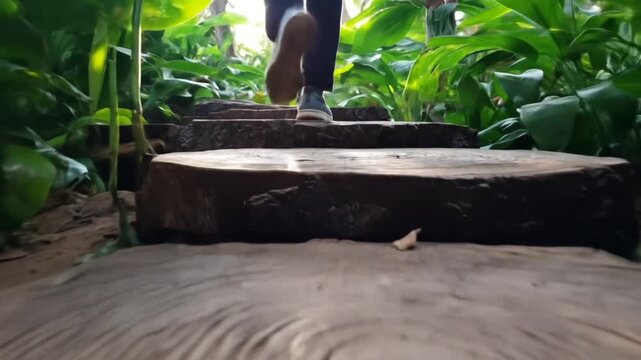 A sunlit pathway of stacked tree trunks winds through a lush garden.