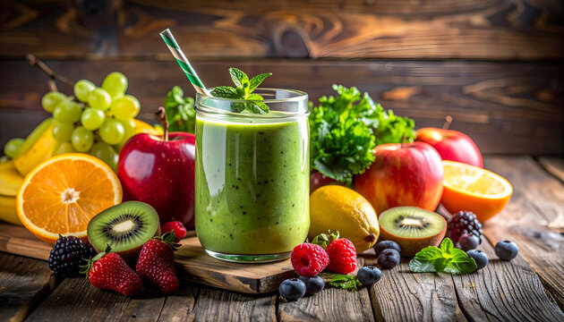Green Smoothie with Fresh Fruits and Vegetables on Rustic Wooden Table.