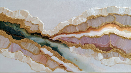 Obraz premium Abstract Layered Geode: An artful display of layered colors and textures, mimicking the natural beauty of a geode, with veins of gold and shimmering hues of pearl and gemstone tones. 