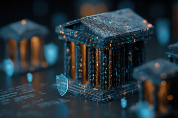 Futuristic data fortress built from circuit boards and microchip textures, illuminated by cool blue lights, emphasizing digital security and protective architecture.