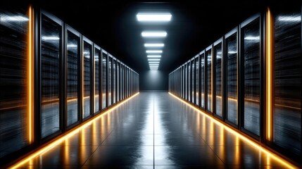 Modern rack LED console in server room concept. Futuristic server room with illuminated corridors and sleek design.