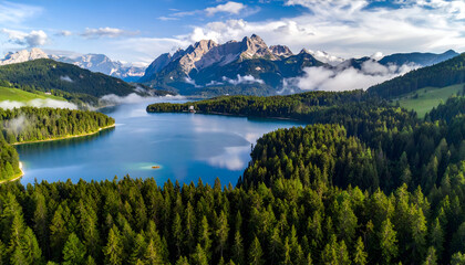 Fototapeta premium Stunning aerial view of a serene alpine lake surrounded by a dense green forest and majestic mountains.