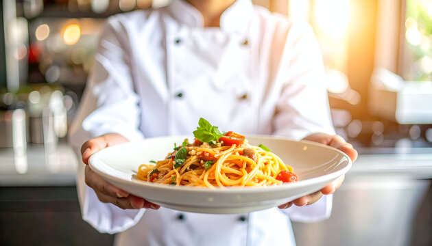Chef Presenting a Delicious Plate of Spaghetti. - Powered by Adobe