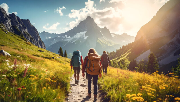 Hikers Trekking Through Alpine Meadow Towards Majestic Snow Capped Mountain Peaks.