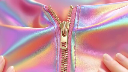 Close-up of a shimmering pink and gold zipper on a vibrant holographic fabric background