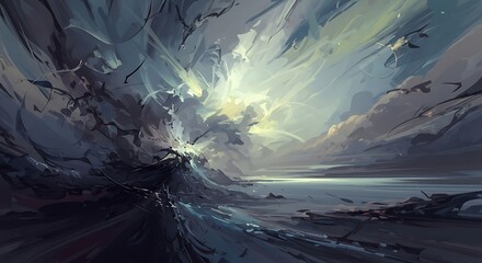 Abstract artistic interpretation of light over a turbulent ocean landscape