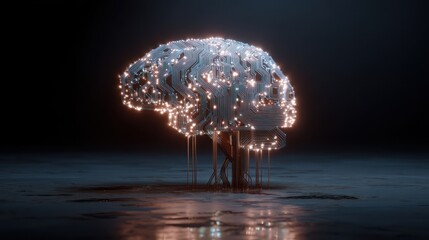 Futuristic brain, illuminated by glowing nodes,  rooted in a reflective surface
