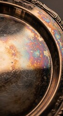 Iridescent patina on a silver tray with ornate edging, vintage texture