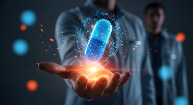 Advanced pharmaceutical research and development showcasing a glowing, futuristic capsule in a professional's hand, embodying the future of medicine and healthcare innovation