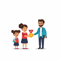 Teacher awards a gold medal to a smiling student.