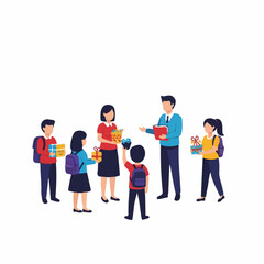 Obraz premium Students Presenting Gifts to Teacher and Parent Colorful Wrapped Presents Backpacks.