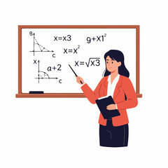 Smiling Female Math Teacher Explaining Equations on Whiteboard.