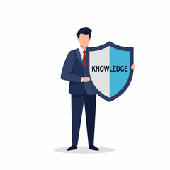 Businessman Holding a Knowledge Shield Blue and White Formal Attire.