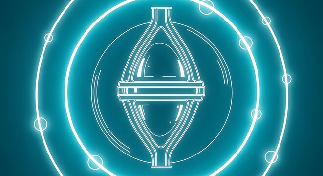 Glowing futuristic hourglass illustration with a circular geometric design