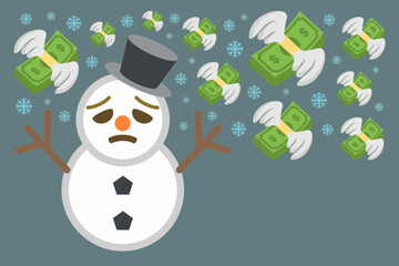 Sad snowman with flying dollar bills with wings and snowflakes, concept of winter expenses, financial loss, high heating costs, inflation during cold season, economic crisis and money problems,vector.