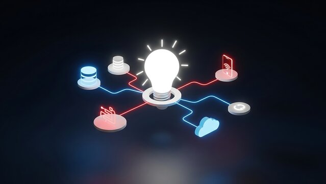 A glowing light bulb in the center of a digital network with connected icons, symbolizing a central idea that links various modern technologies.