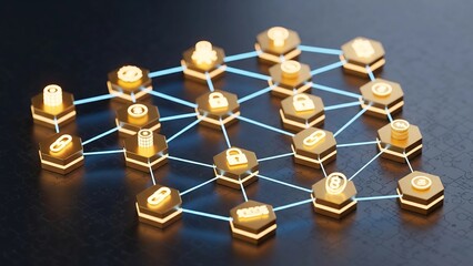 A glowing network of connected hexagonal nodes with icons for cryptocurrency and security, symbolizing the secure global network of blockchain technology.